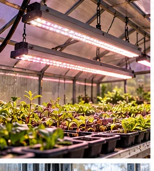Best Greenhouse Grow Light for Winter Seedlings: 100W Class Lights Over the Bench editorial greenhouse equipment image