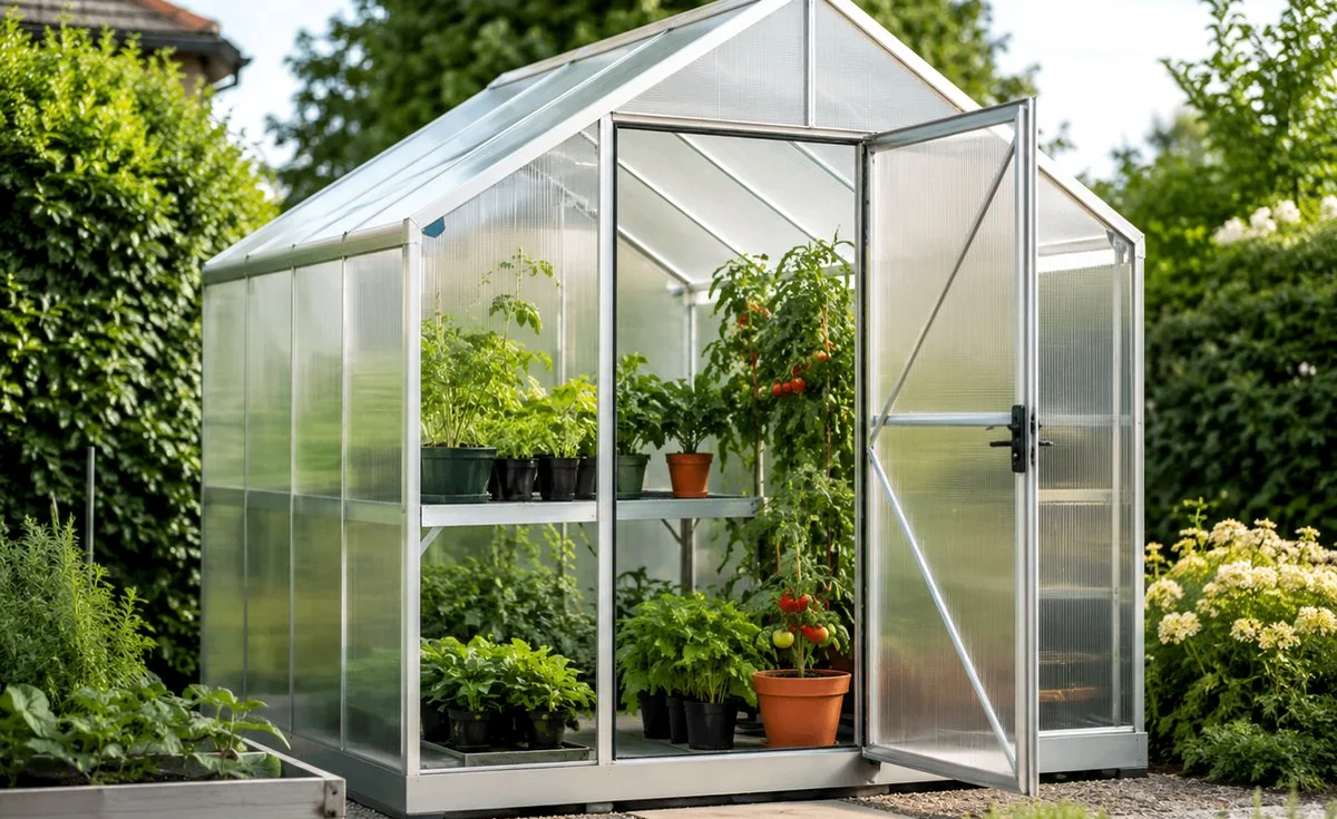 Sunlit polycarbonate walk-in greenhouse in a garden