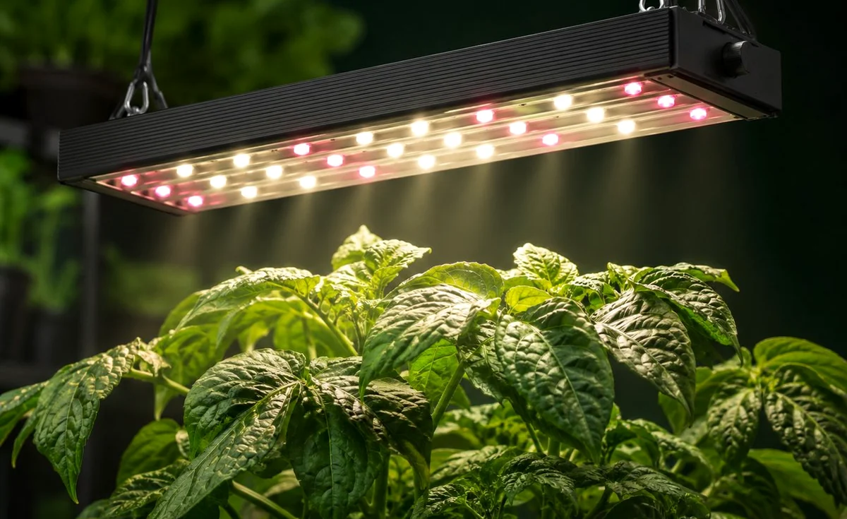 Full-spectrum LED grow light over leafy plants