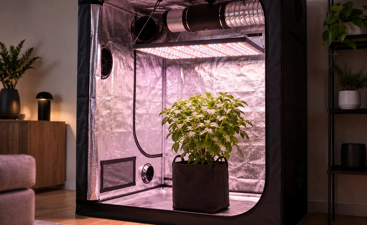 Indoor grow tent with reflective lining and thriving plants