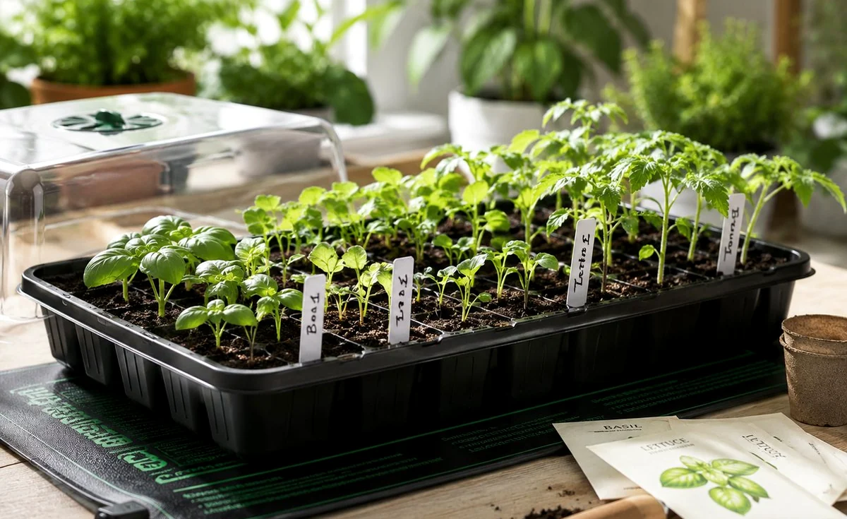 Seedlings sprouting in seed-starting trays by a window