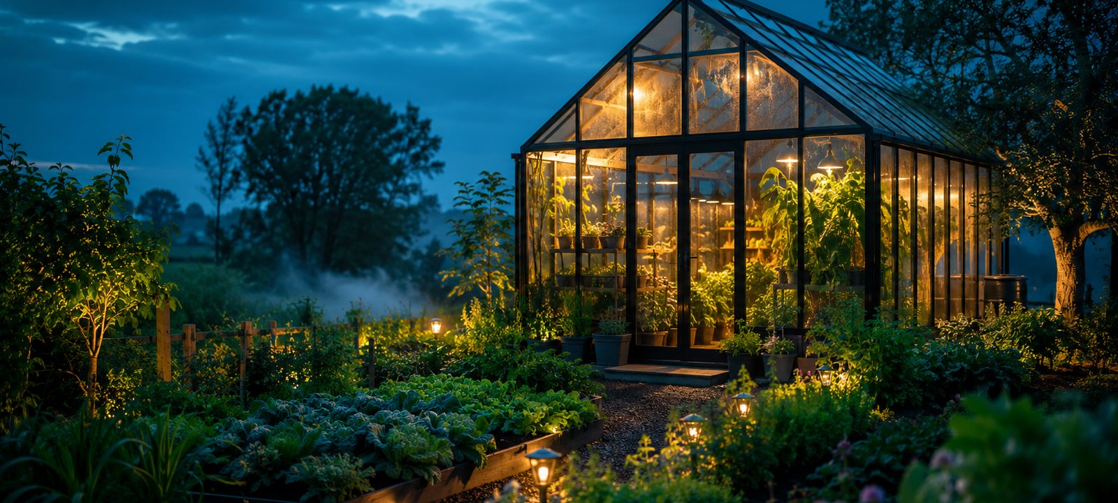 A greenhouse glowing from within at dusk