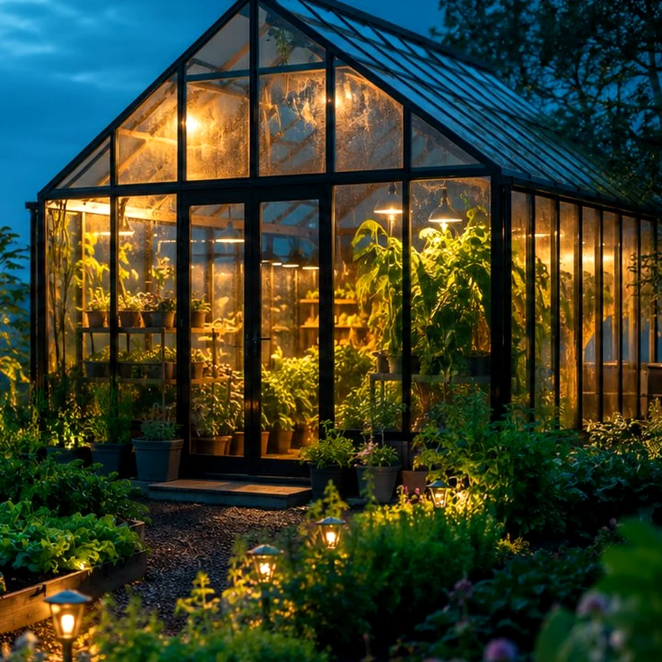 Warmly lit glass greenhouse in a lush garden at dusk